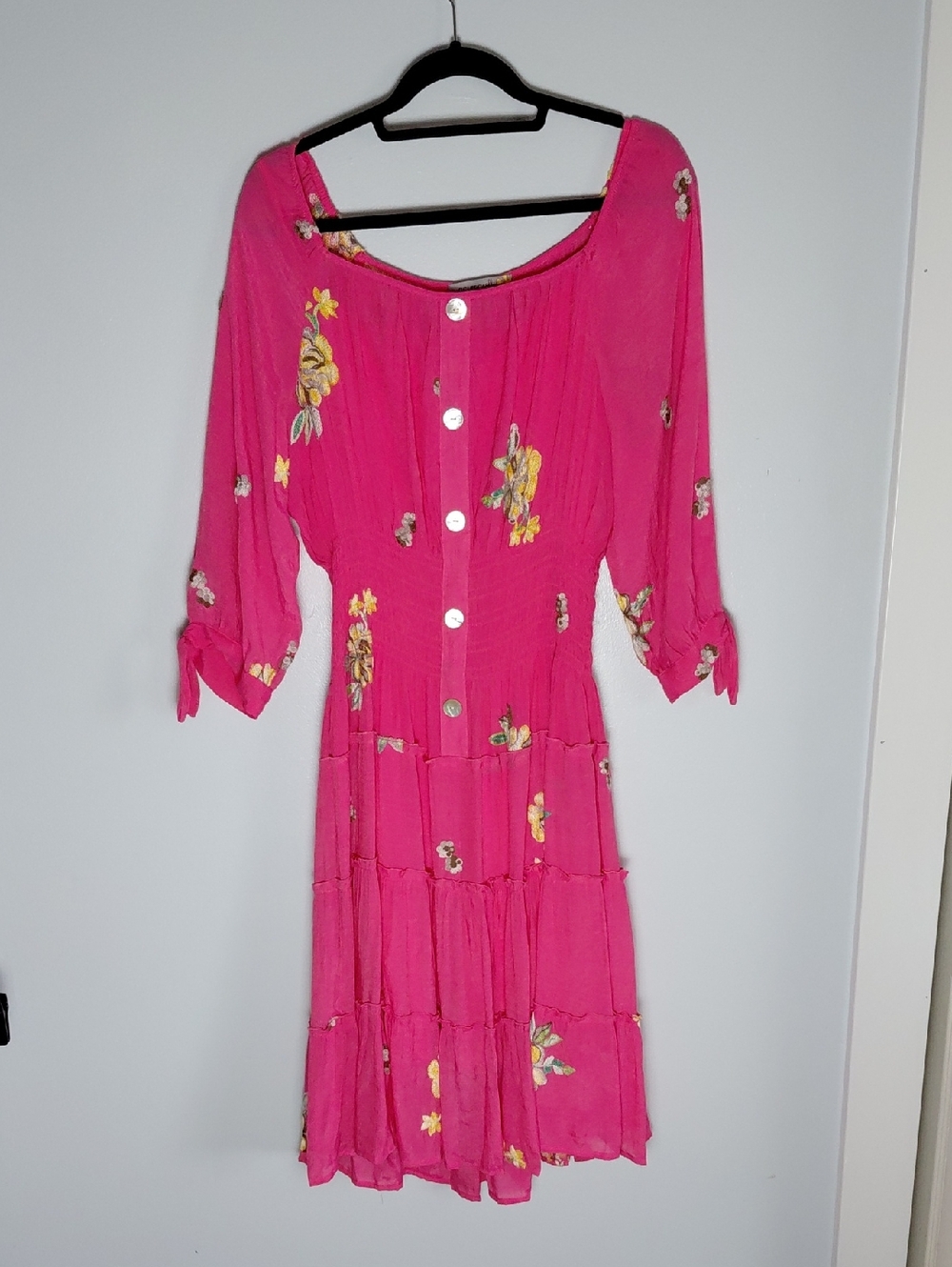 ​Figueroa & Flower Vibrant Hot Pink Garden Floral Embroidery Tiered Midi Dress